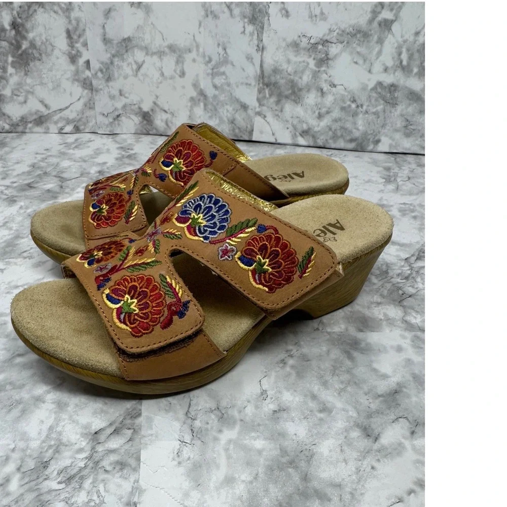 Alegria PG Lite 🦋Leather Floral Embroidered‎ Wedge Slide Sandals BOHO 38 7.5-8